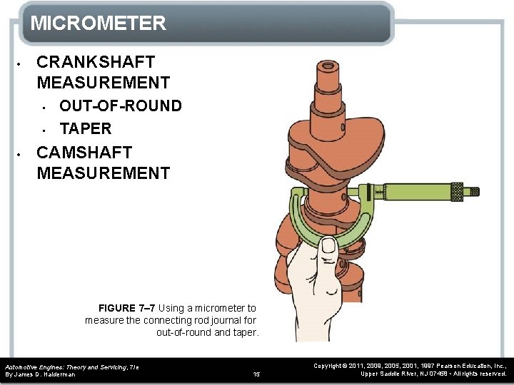 MICROMETER • CRANKSHAFT MEASUREMENT • • • OUT-OF-ROUND TAPER CAMSHAFT MEASUREMENT FIGURE 7– 7