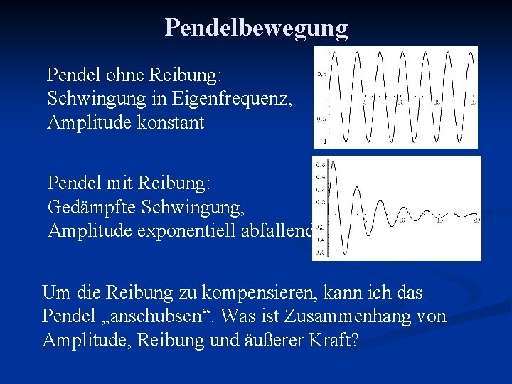 Pendelbewegung Pendel ohne Reibung: Schwingung in Eigenfrequenz, Amplitude konstant Pendel mit Reibung: Gedämpfte Schwingung,