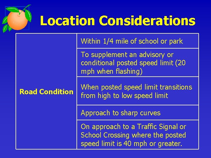 Location Considerations Within 1/4 mile of school or park To supplement an advisory or