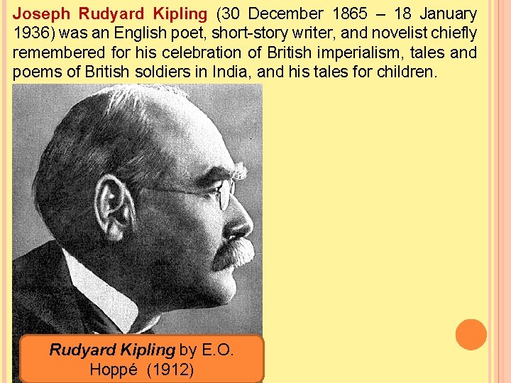 Joseph Rudyard Kipling (30 December 1865 – 18 January 1936) was an English poet,