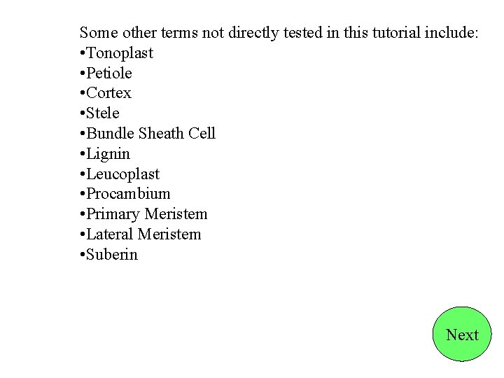 Some other terms not directly tested in this tutorial include: • Tonoplast • Petiole