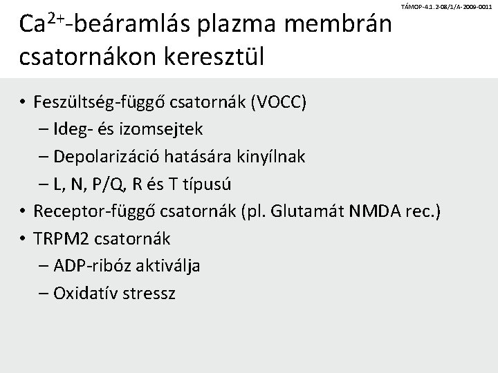 Ca 2+-beáramlás plazma membrán csatornákon keresztül TÁMOP-4. 1. 2 -08/1/A-2009 -0011 • Feszültség-függő csatornák