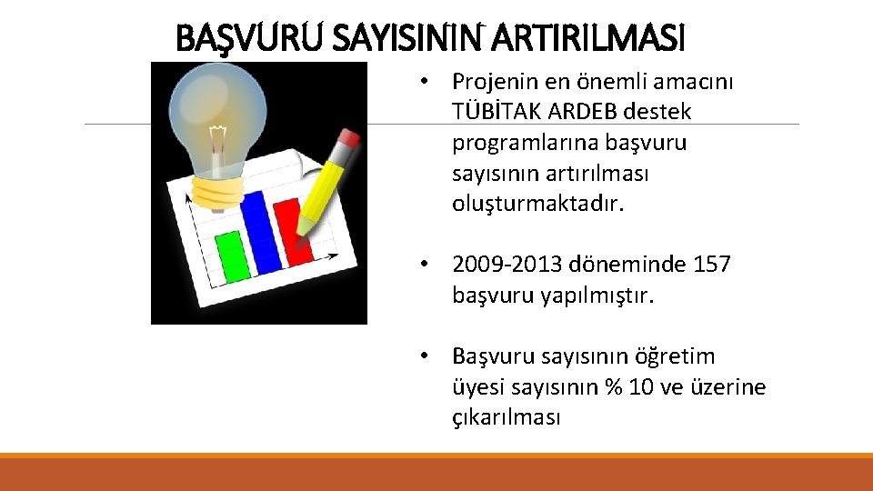 BAŞVURU SAYISININ ARTIRILMASI • Projenin en önemli amacını TÜBİTAK ARDEB destek programlarına başvuru sayısının