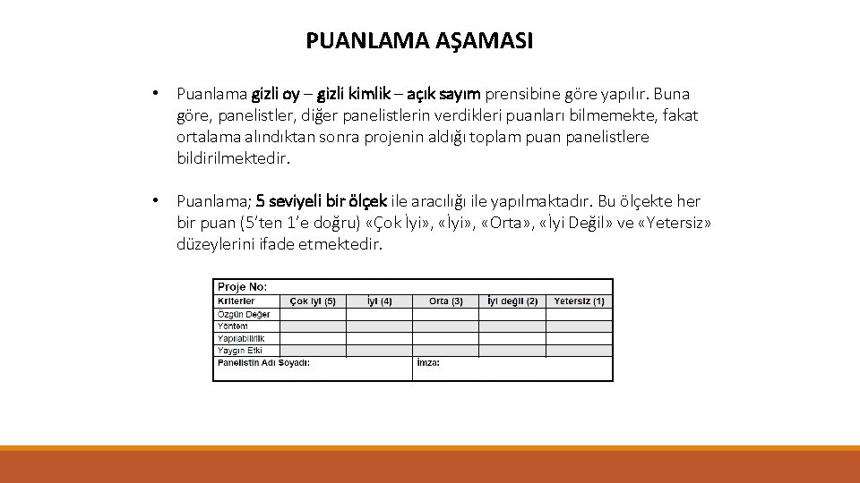 Puanlama Aşaması PUANLAMA AŞAMASI • Puanlama gizli oy – gizli kimlik – açık sayım