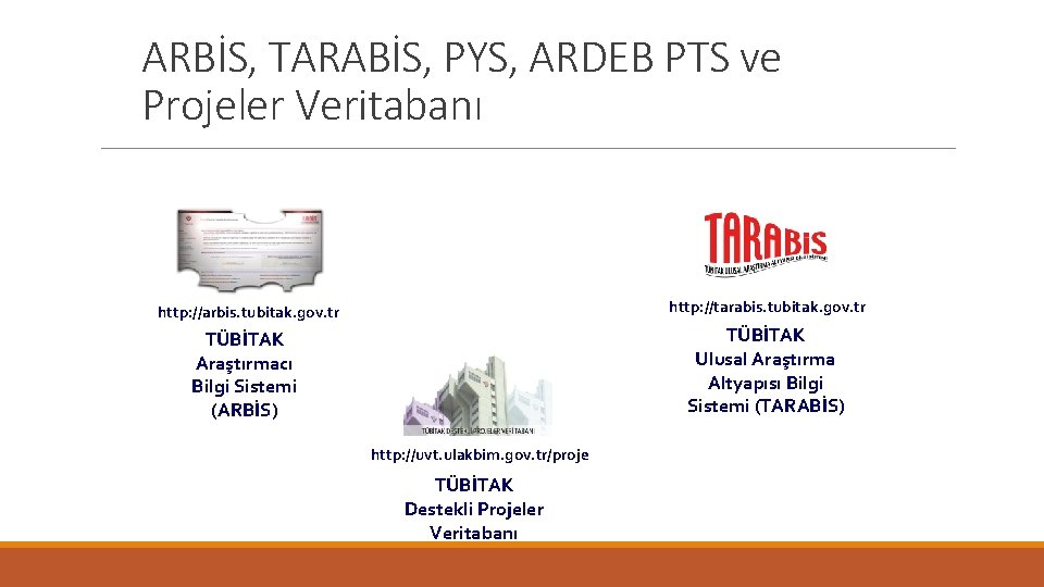 ARBİS, TARABİS, PYS, ARDEB PTS ve Projeler Veritabanı http: //arbis. tubitak. gov. tr http: