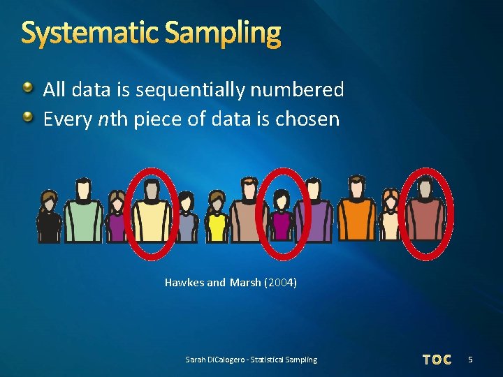 Systematic Sampling All data is sequentially numbered Every nth piece of data is chosen