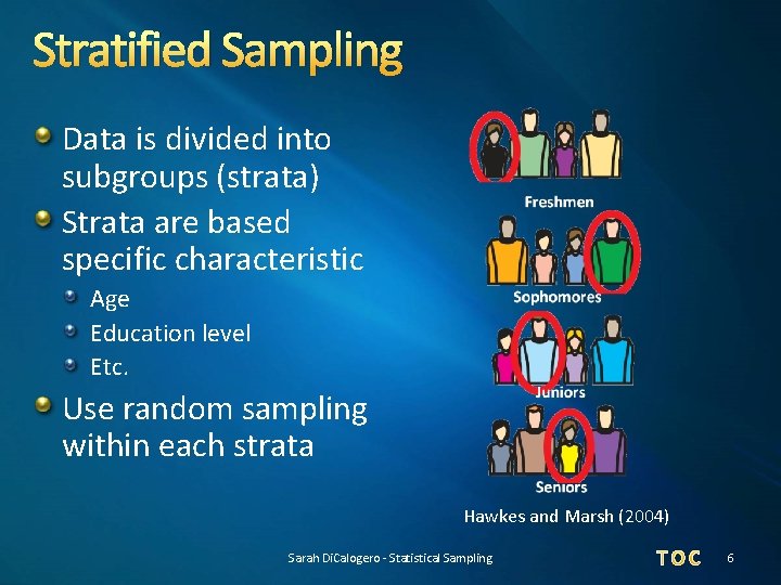 Stratified Sampling Data is divided into subgroups (strata) Strata are based specific characteristic Age