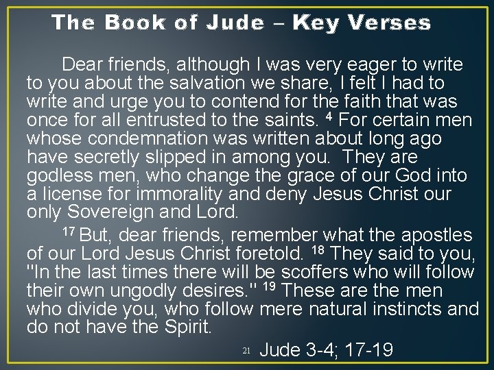 The Book of Jude – Key Verses Dear friends, although I was very eager