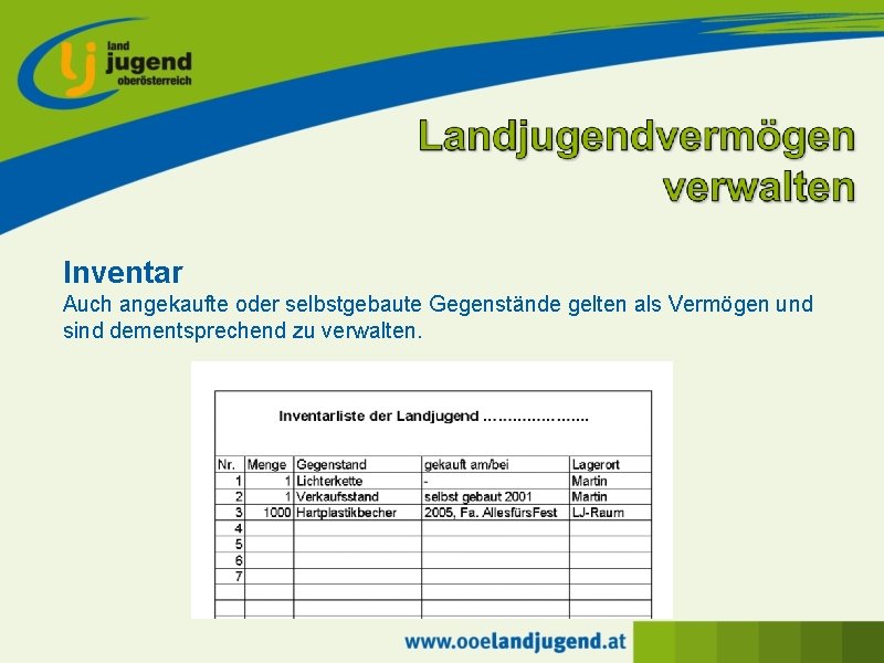 Inventar Auch angekaufte oder selbstgebaute Gegenstände gelten als Vermögen und sind dementsprechend zu verwalten.