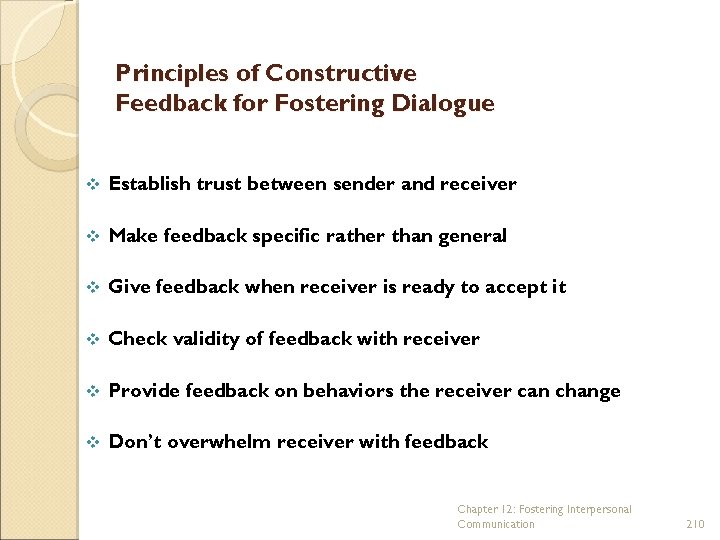 Principles of Constructive Feedback for Fostering Dialogue v Establish trust between sender and receiver