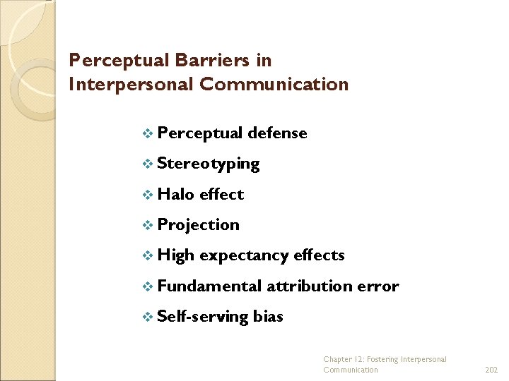 Perceptual Barriers in Interpersonal Communication v Perceptual defense v Stereotyping v Halo effect v