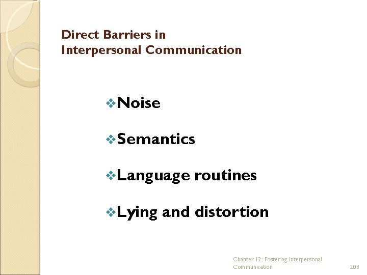 Direct Barriers in Interpersonal Communication v. Noise v. Semantics v. Language v. Lying routines