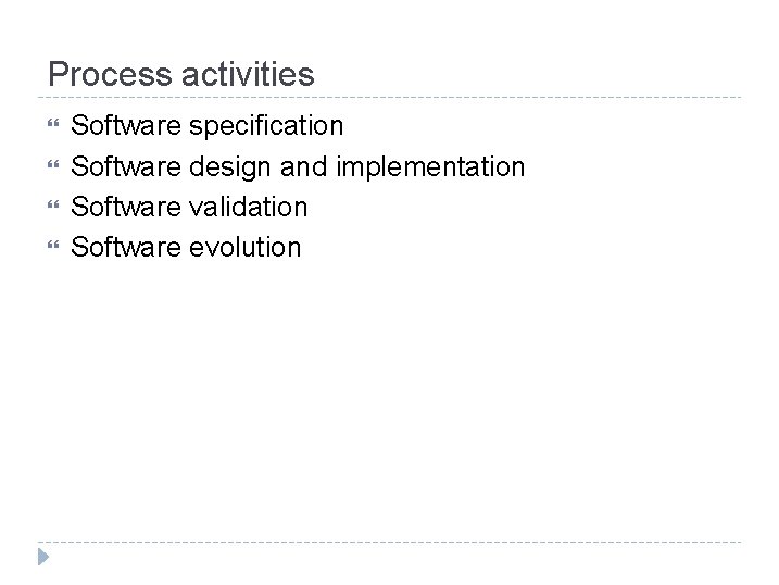 Process activities Software specification Software design and implementation Software validation Software evolution 