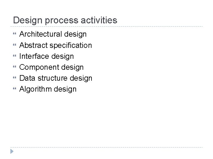 Design process activities Architectural design Abstract specification Interface design Component design Data structure design
