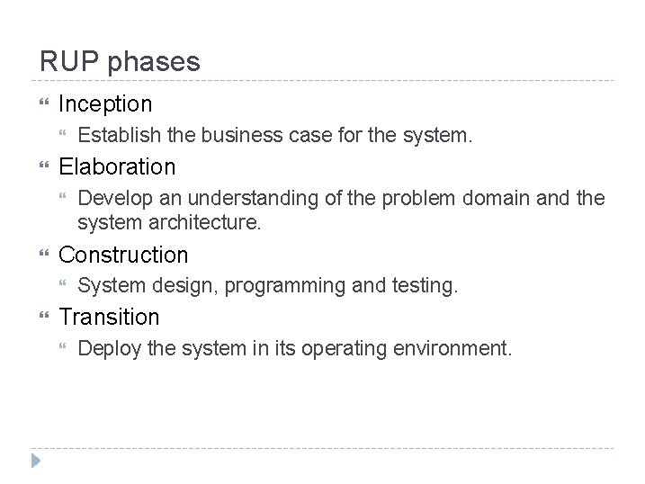 RUP phases Inception Elaboration Develop an understanding of the problem domain and the system