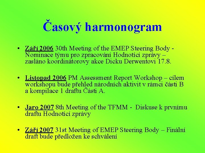 Časový harmonogram • Září 2006 30 th Meeting of the EMEP Steering Body Nominace