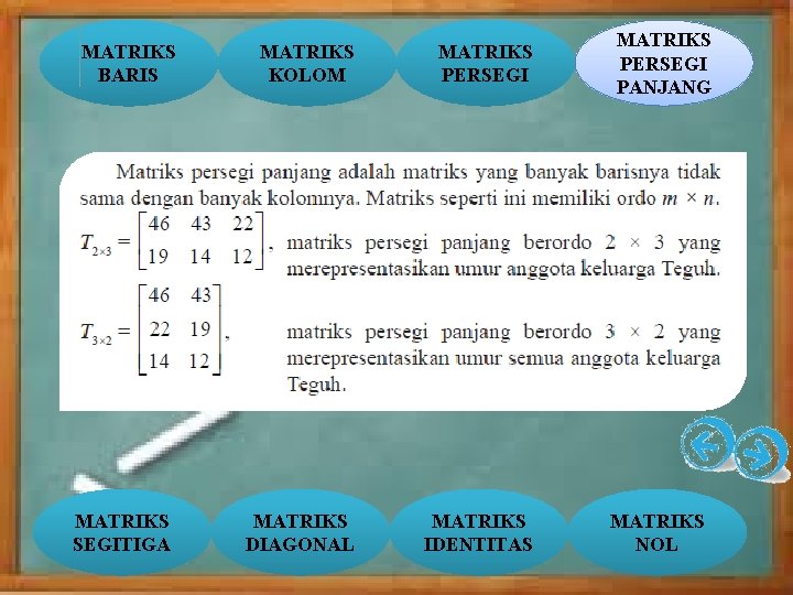 MATRIKS BARIS MATRIKS KOLOM MATRIKS PERSEGI MATRIKS SEGITIGA MATRIKS DIAGONAL MATRIKS IDENTITAS MATRIKS PERSEGI