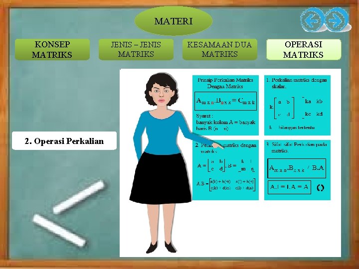 MATERI KONSEP MATRIKS 2. Operasi Perkalian JENIS – JENIS MATRIKS KESAMAAN DUA MATRIKS OPERASI