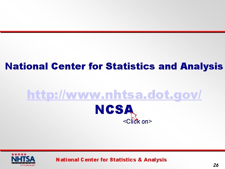 National Center for Statistics and Analysis http: //www. nhtsa. dot. gov/ NCSA <Click on>