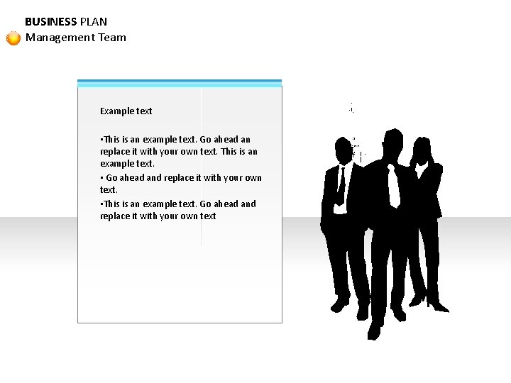 BUSINESS PLAN Management Team Example text • This is an example text. Go ahead