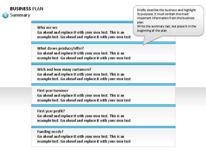 BUSINESS PLAN Summary Who are we Go ahead and replace it with your own