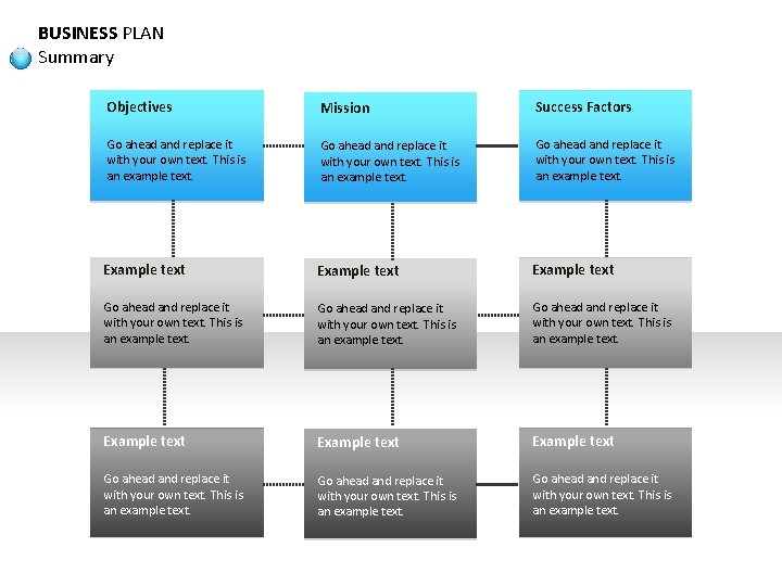 BUSINESS PLAN Summary Objectives Mission Success Factors Go ahead and replace it with your