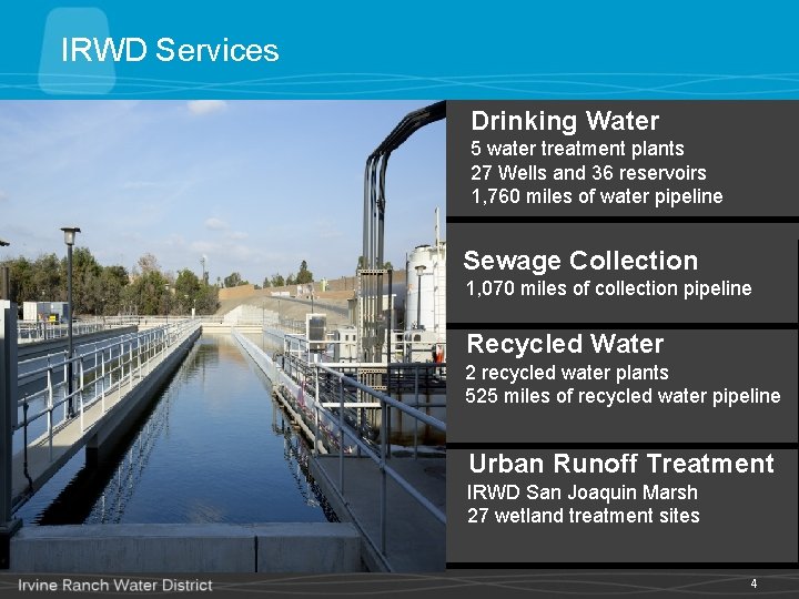 IRWD Services Drinking Water 5 water treatment plants 27 Wells and 36 reservoirs 1,