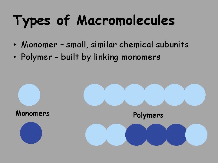 Types of Macromolecules • Monomer – small, similar chemical subunits • Polymer – built