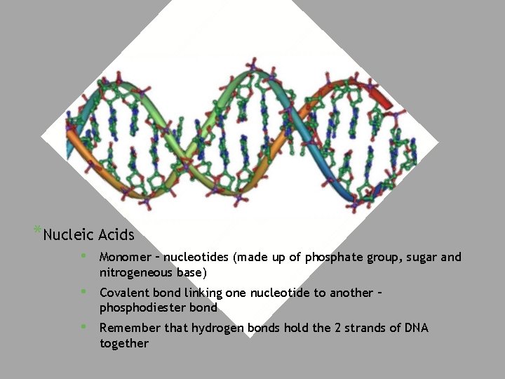 *Nucleic Acids • Monomer – nucleotides (made up of phosphate group, sugar and nitrogeneous