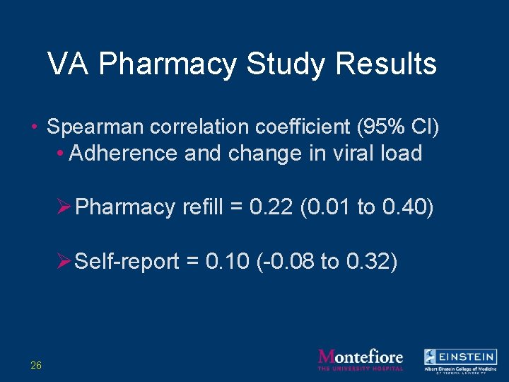 VA Pharmacy Study Results • Spearman correlation coefficient (95% CI) • Adherence and change