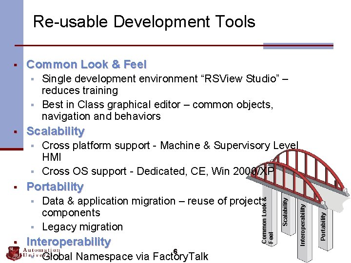 Re-usable Development Tools Common Look & Feel § § Scalability § § § Data
