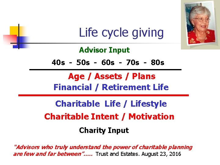 Life cycle giving Advisor Input 40 s - 50 s - 60 s -