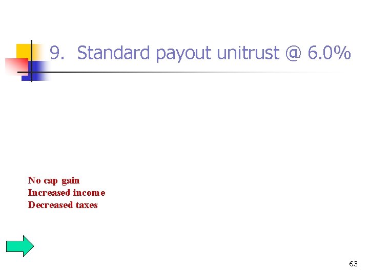 9. Standard payout unitrust @ 6. 0% No cap gain Increased income Decreased taxes