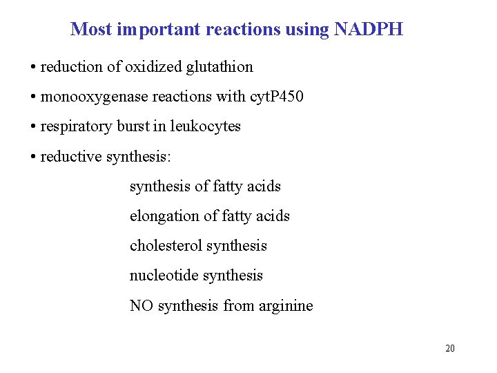 Most important reactions using NADPH • reduction of oxidized glutathion • monooxygenase reactions with