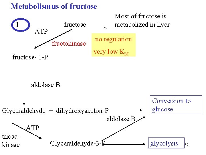 Metabolismus of fructose 1 fructose ATP fructokinase fructose- 1 -P Most of fructose is