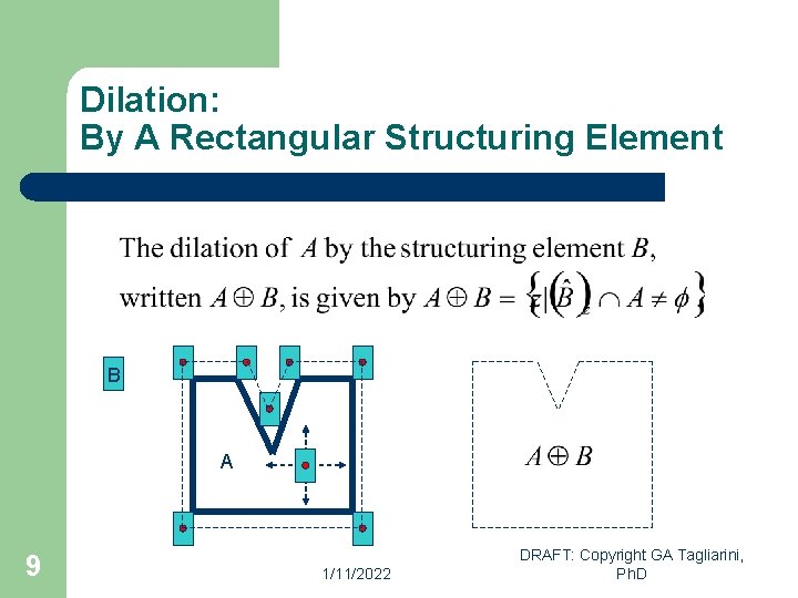Dilation: By A Rectangular Structuring Element B A 9 1/11/2022 DRAFT: Copyright GA Tagliarini,