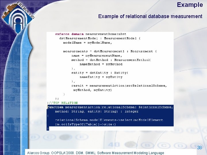 Example of relational database measurement 38 Alarcos Group. OOPSLA’ 2008. DSM. SMML: Software Measurement