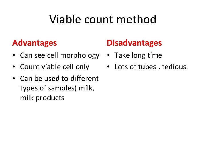 Viable count method Advantages Disadvantages • Can see cell morphology • Take long time
