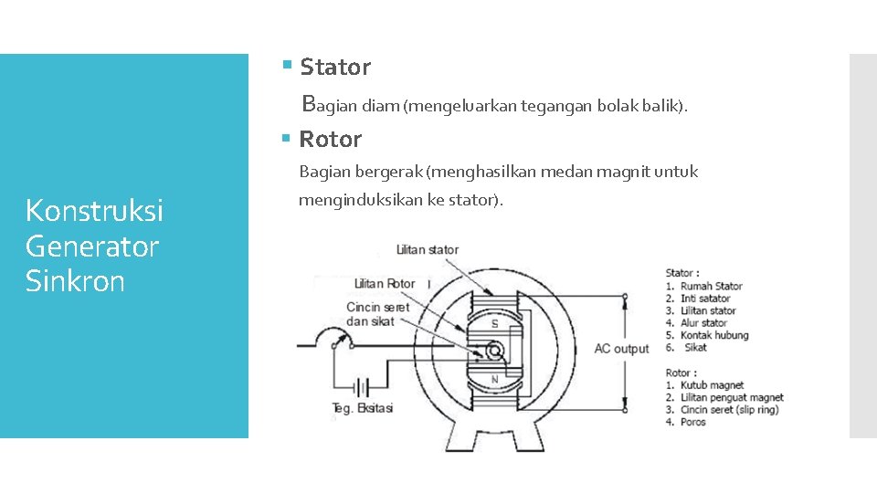 § Stator Bagian diam (mengeluarkan tegangan bolak balik). § Rotor Bagian bergerak (menghasilkan medan