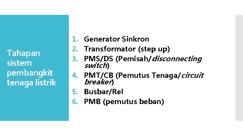 Tahapan sistem pembangkit tenaga listrik 1. Generator Sinkron 2. Transformator (step up) 3. PMS/DS