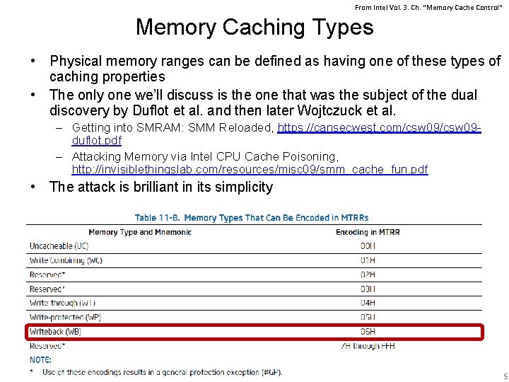 From Intel Vol. 3. Ch. "Memory Cache Control" Memory Caching Types • Physical memory