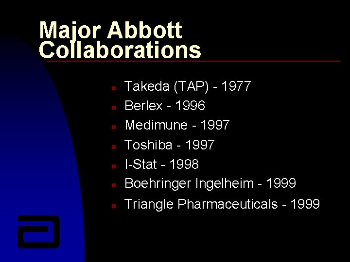 Major Abbott Collaborations n Takeda (TAP) - 1977 Berlex - 1996 Medimune - 1997