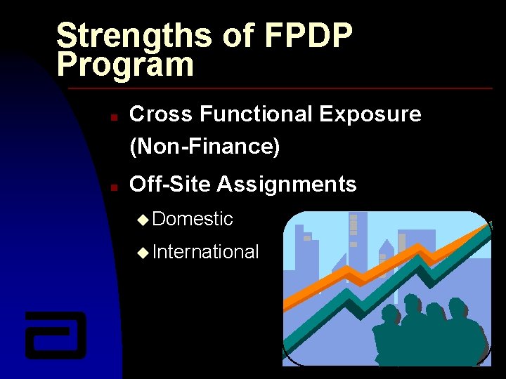 Strengths of FPDP Program n n Cross Functional Exposure (Non-Finance) Off-Site Assignments u Domestic