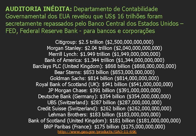 AUDITORIA INÉDITA: Departamento de Contabilidade Governamental dos EUA revelou que US$ 16 trilhões foram