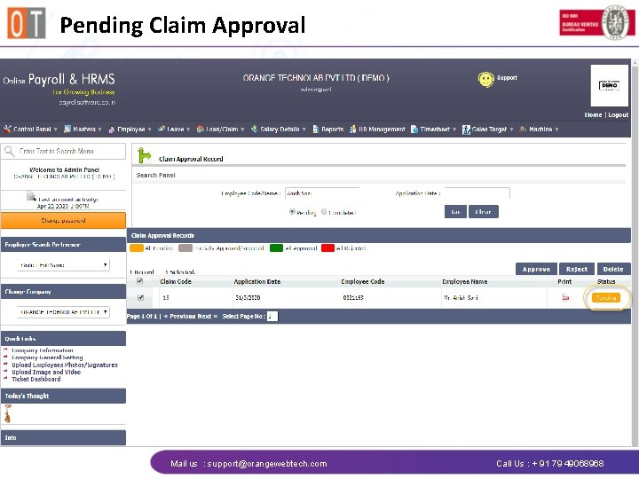 Pending Claim Approval Mail us : support@orangewebtech. com Call Us : + 91 79