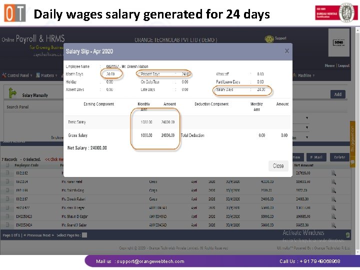 Daily wages salary generated for 24 days Mail us : support@orangewebtech. com Call Us