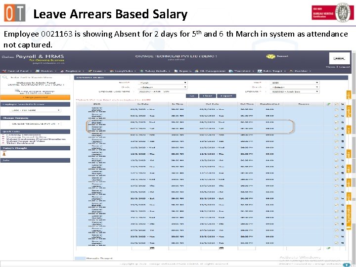 Leave Arrears Based Salary Employee 0021163 is showing Absent for 2 days for 5