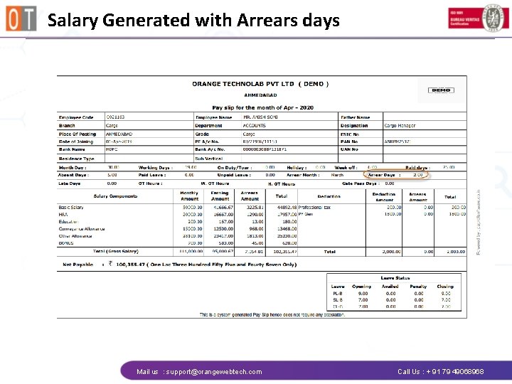 Salary Generated with Arrears days Mail us : support@orangewebtech. com Call Us : +