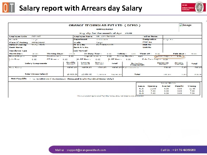 Salary report with Arrears day Salary Mail us : support@orangewebtech. com Call Us :