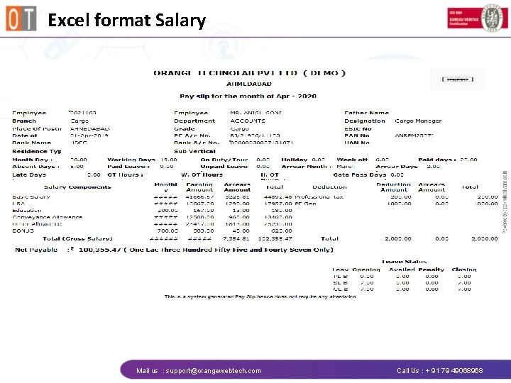 Excel format Salary Mail us : support@orangewebtech. com Call Us : + 91 79